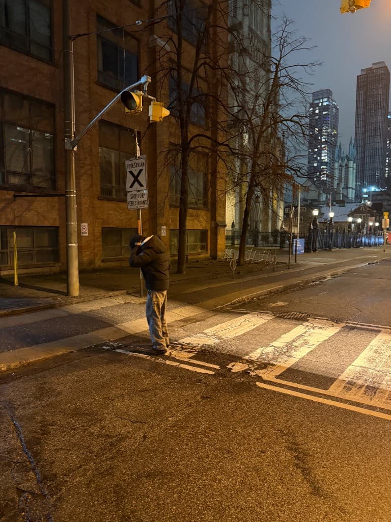 Standing in a city crosswalk at night